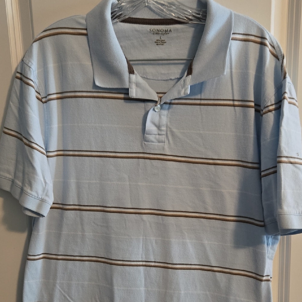 Sonoma Men's Polo Shirt in Light Blue with Brown Stripes